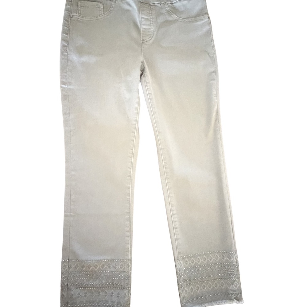 Joseph Ribkoff Women's Light Gray Stretch Embroidered Hem Jeans